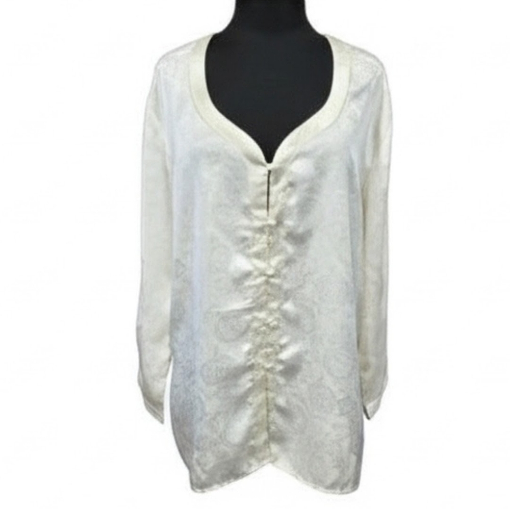 80s Victoria's Secret L Vintage Gold Label Pajama Top Ivory Satin Floral Kimono